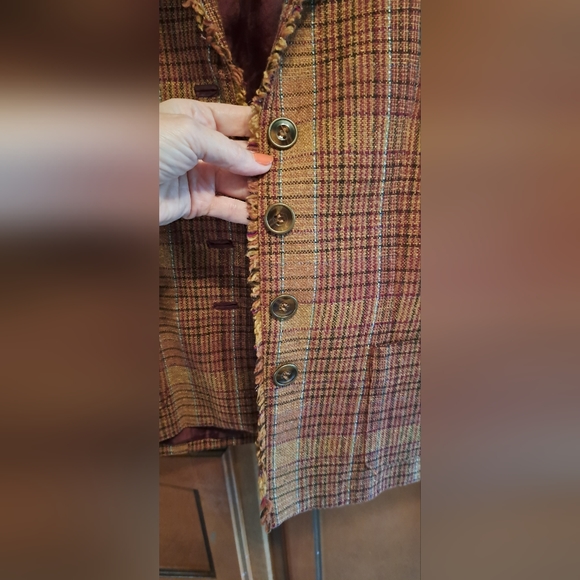 Ladies Coldwater Creek 14 Browns Neutral Plaid Woven Long Sleeve Blazer Fringed - Picture 7 of 8